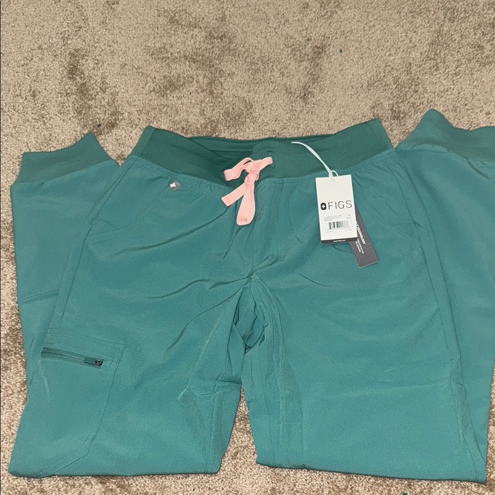 Figs Green Scrub Pants with Pink Drawstring
